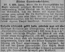 Oktober 1921 - Die "Jenaische Zeitung" berichtet von der Gründung der Sportplatzbaugenossenschaft" im Rahmen der Hauptversammlung des 1. SV Jena am 30.09.1921.