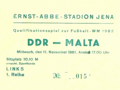 November 1981 - Eintrittskarte vom WM-Qualifiaktionsspiel DDR-Malta.