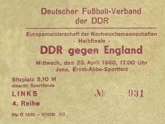 April 1980 - Eintrittskarte vom U21-Länderspiel DDR-England.
